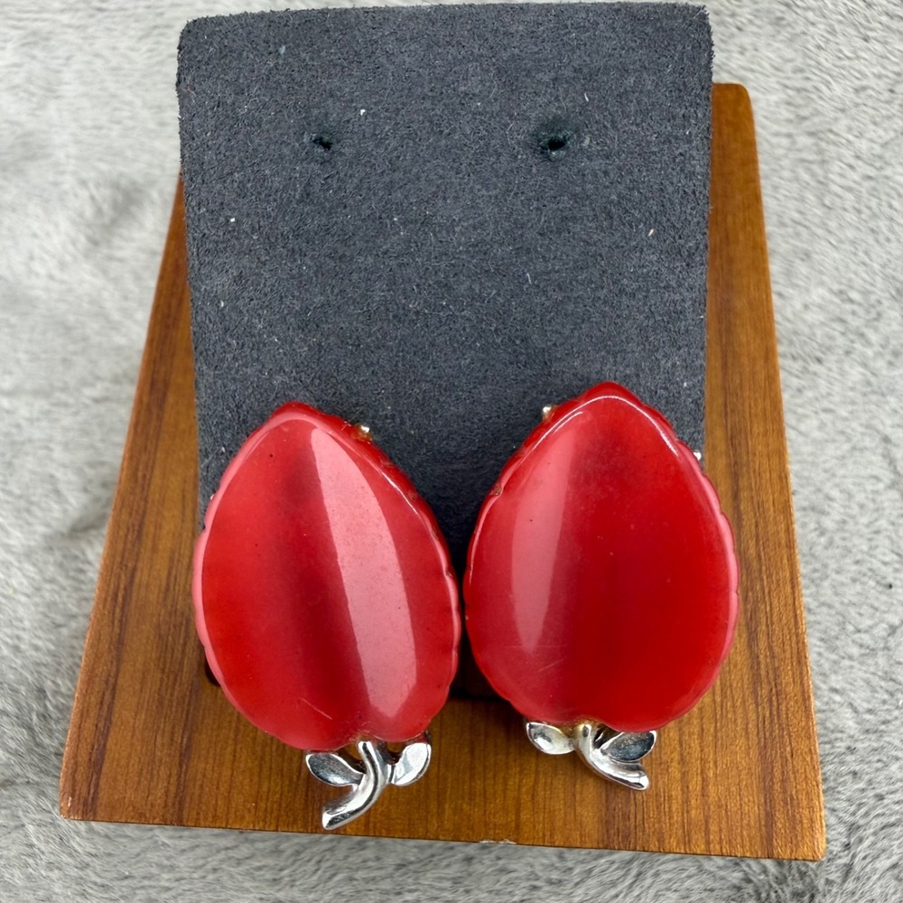 Vintage Lisner Clip On Earrings Red Thermoset Silver Tone Leaf Signed